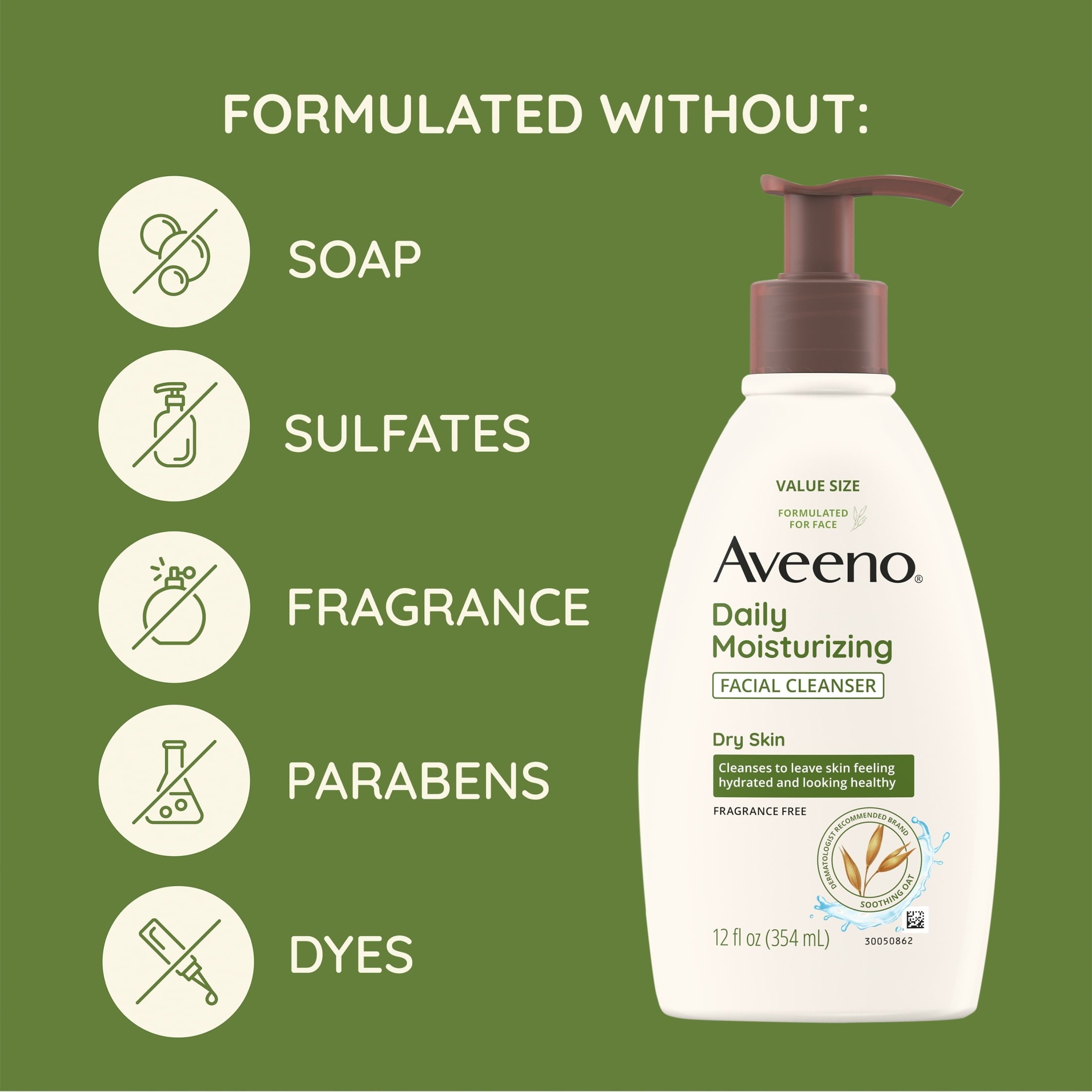 Aveeno Daily Moisturizing Facial Cleanser for Dry Skin, Soothing Oat Face Wash, 12 oz