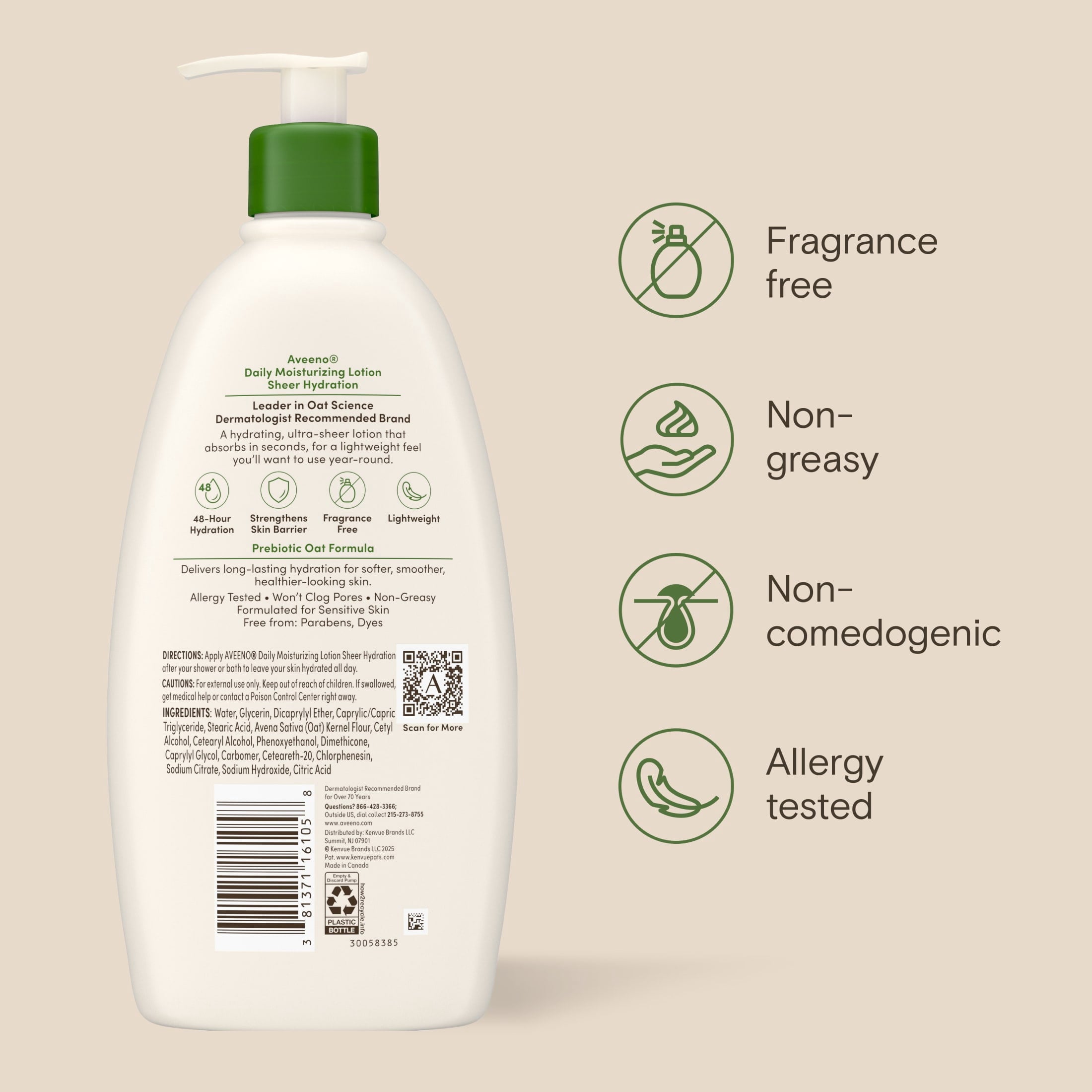 Aveeno Daily Moisturizing Body Lotion and Facial Moisturizer for Face, Body and Dry Skin, 18 fl oz